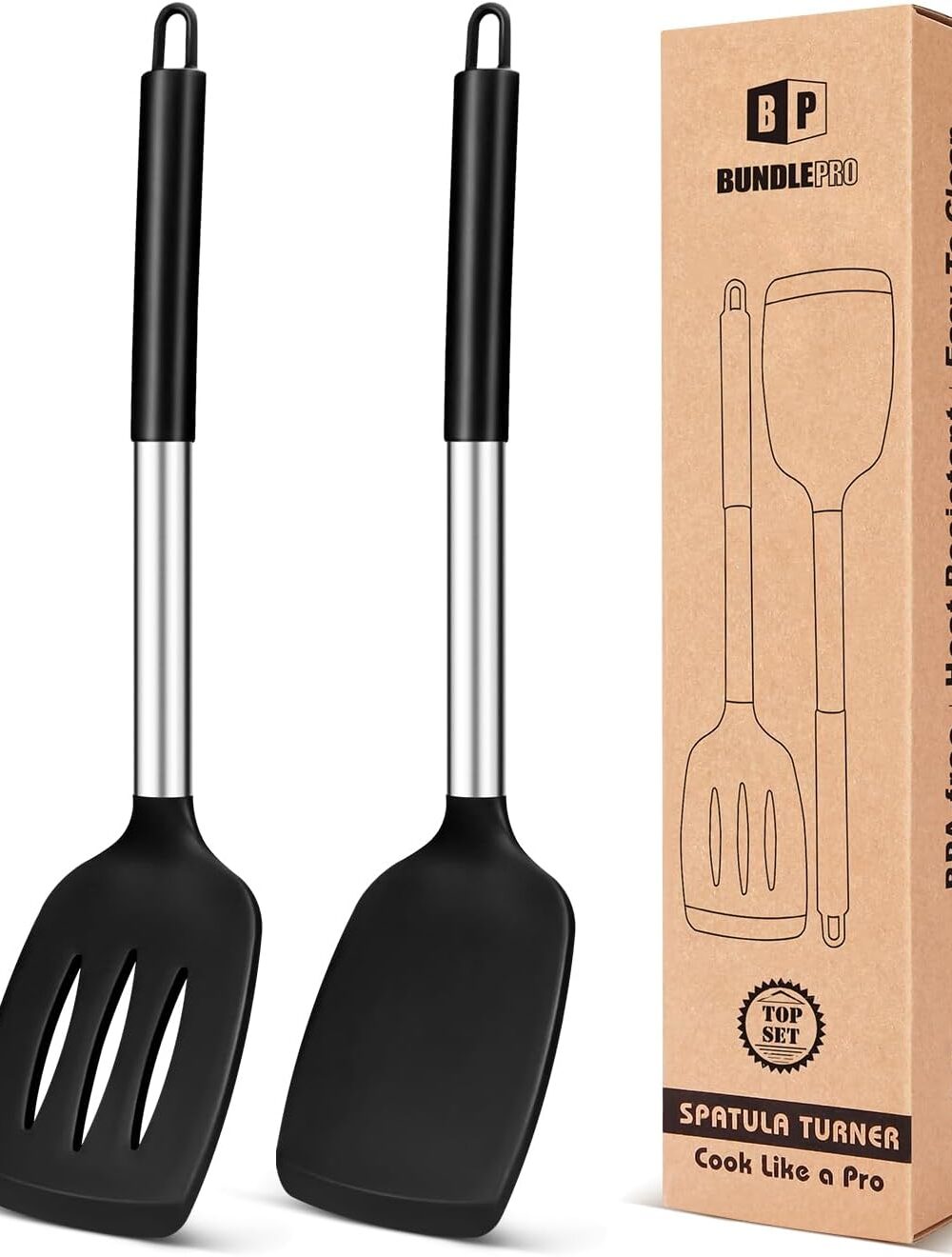 Pack of 2 Silicone Solid Turner, Non Stick Slotted Kitchen Spatulas, High Heat Resistant BPA Free Cooking Utensils, Ideal Cookware for Fish, Eggs, Pancakes(Black)